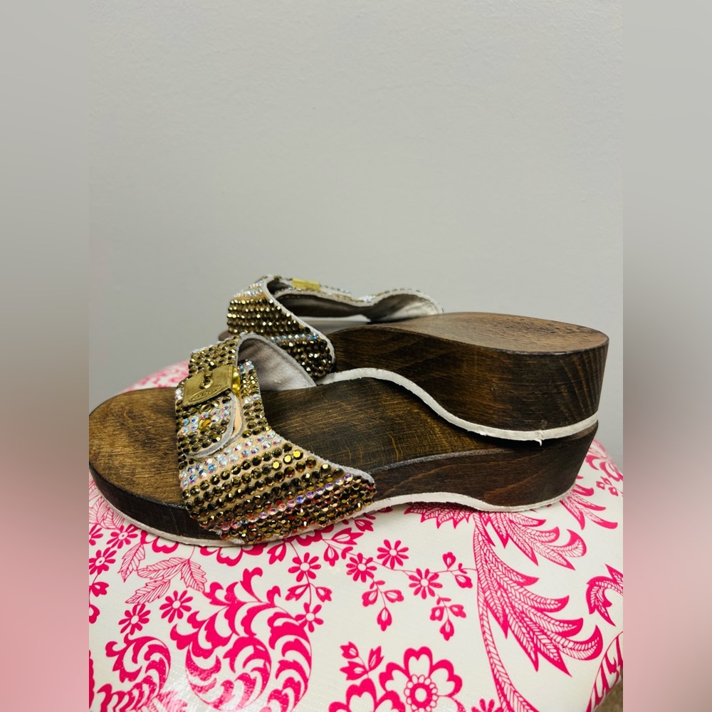 Dr. Scholl’s Wood Clog Sandals with Jeweled Strap – Size 6